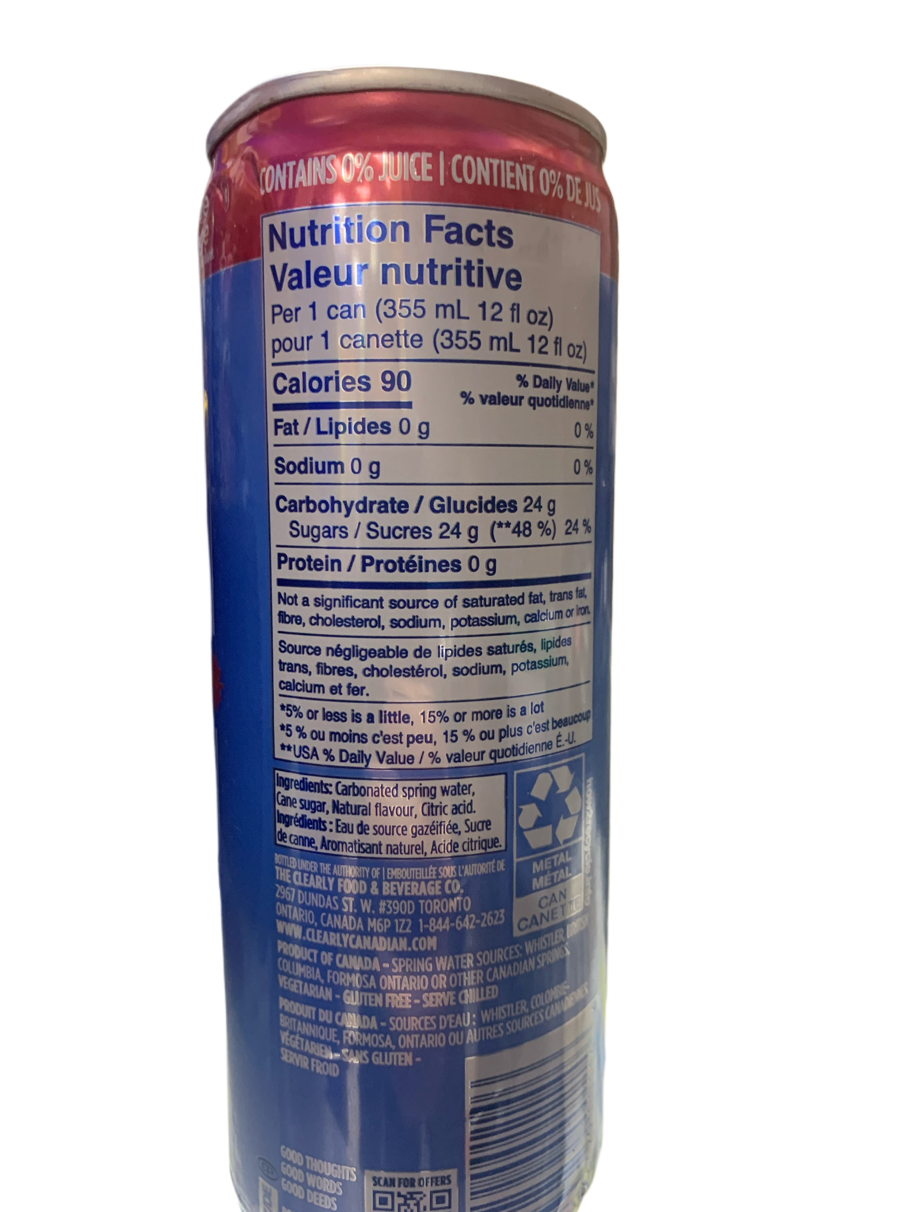 Clearly Canadian Wild Cherry Sparkling Water Cans 355ML -Canadian Edition - Case Of 12 - BB:10/25