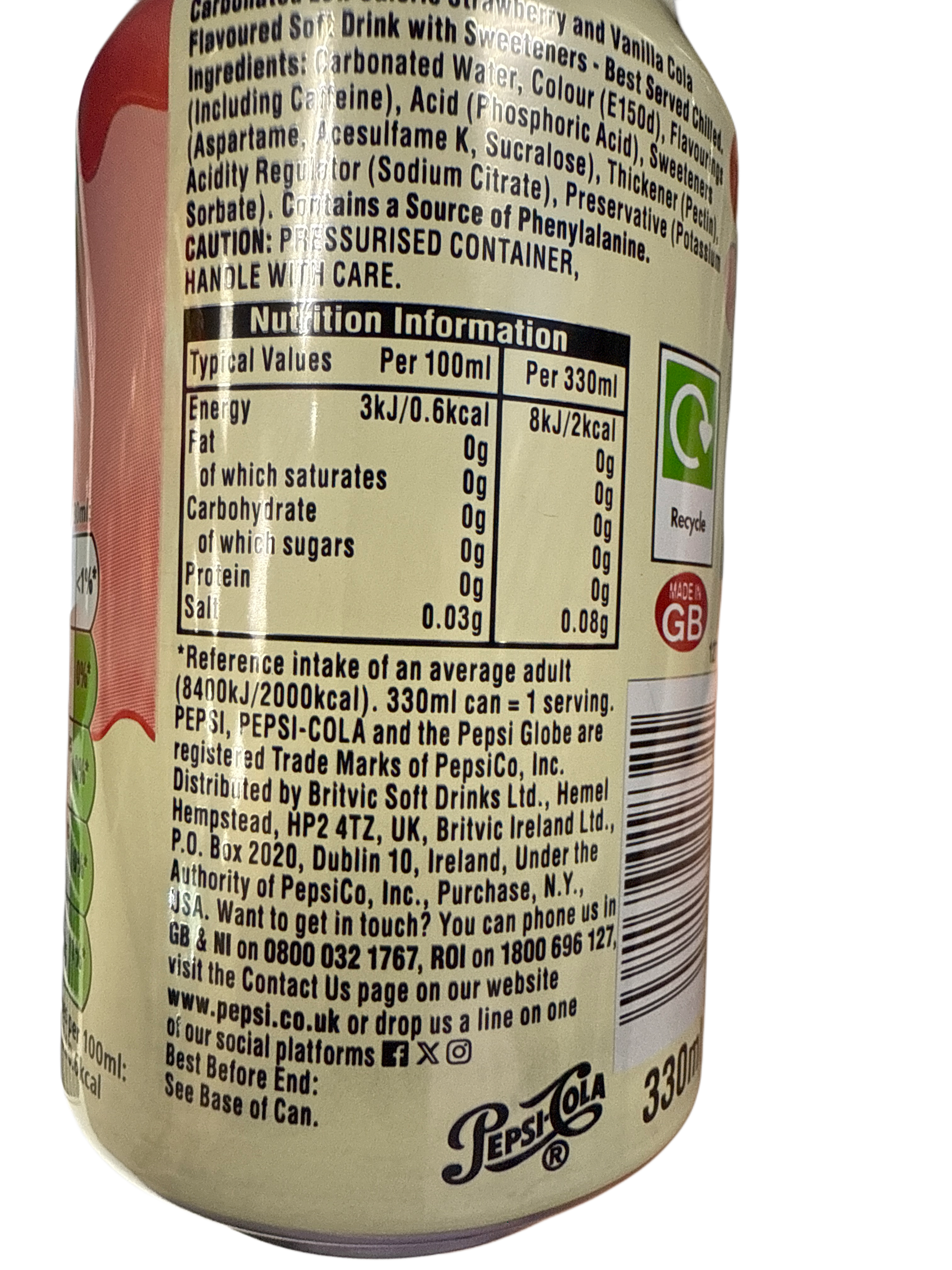 Pepsi Zero Sugar Strawberries & Cream Can 355ML - U.K Edition - Beverage - Case of 12 - BB: 12/25 - Extreme Snacks Wholesale