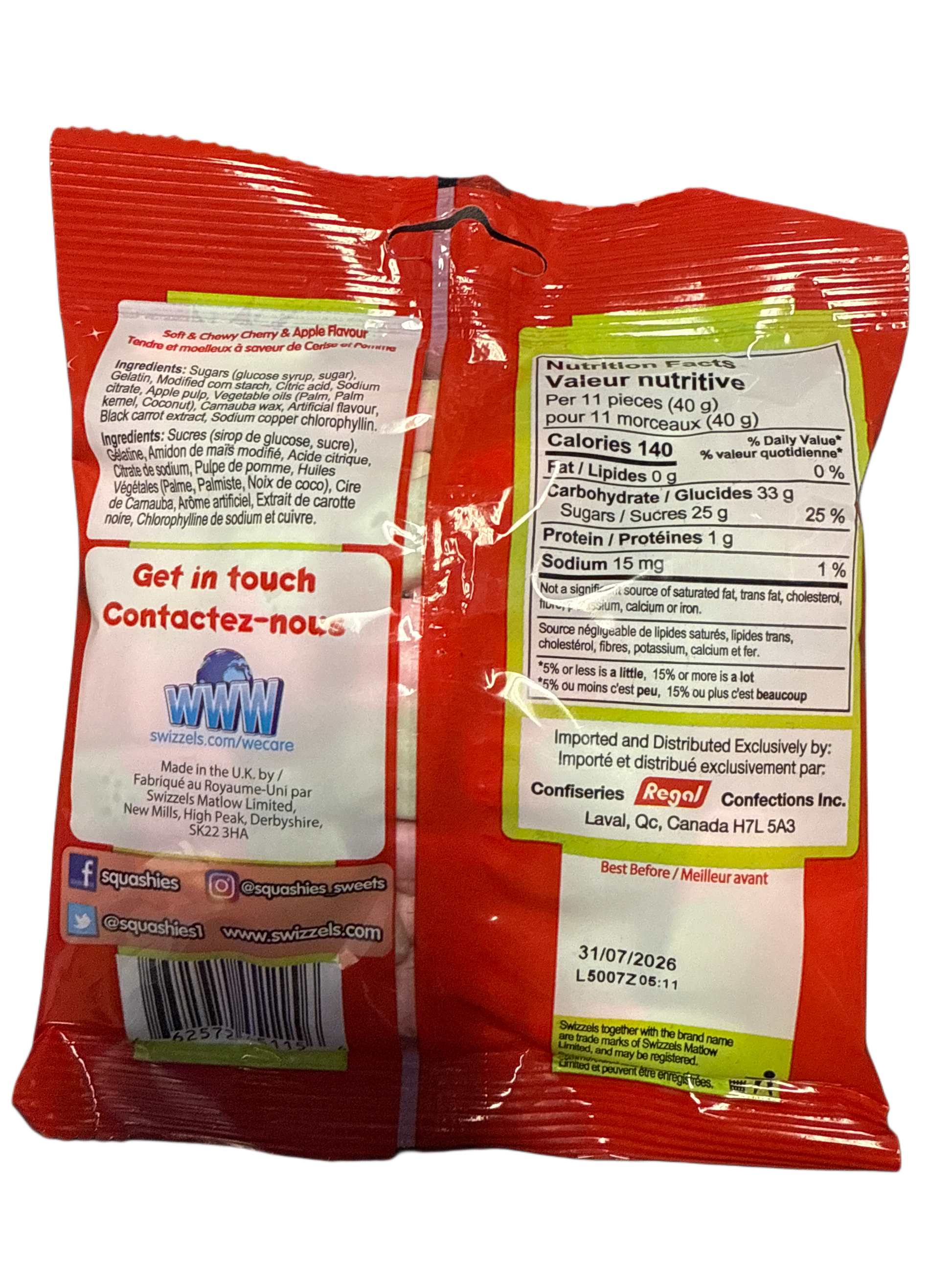 Swizzels Squashies Sour Cherry And Apple Flavour 140G- U.K Edition - Candy - Case Of 10 - BB: 07/26 - Extreme Snacks Wholesale